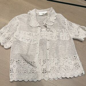 THE GREAT. Cream Crochet Knit Top